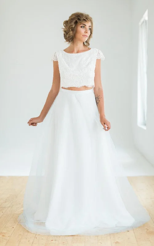 Crop Top Two Piece Wedding With Lace Top And Flowing Blue Skirt Dress-712301 silk skirt smooth