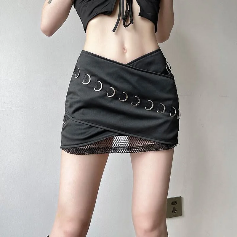 Cross front fishnet patchwork mini skirt wool skirt sturdy