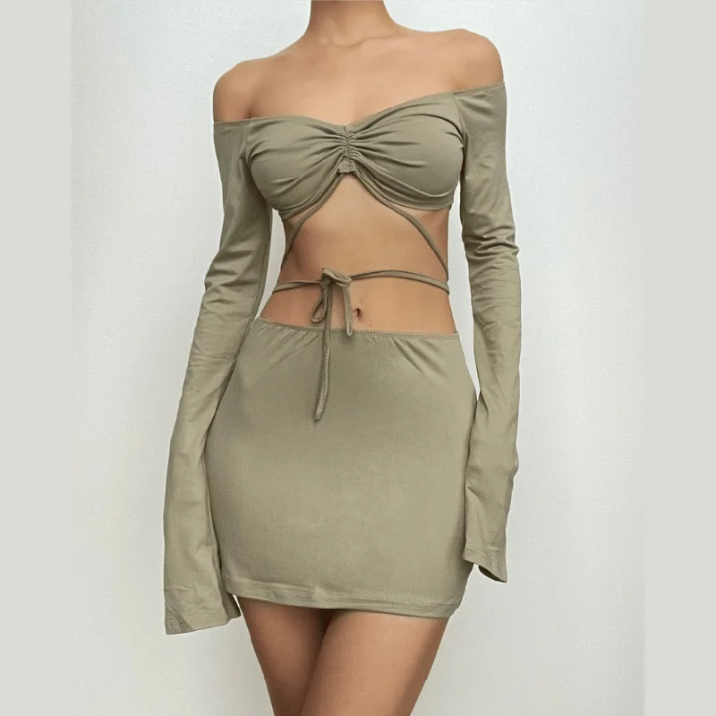 Drawstring off shoulder long sleeve solid mini skirt set corduroy skirt cozy