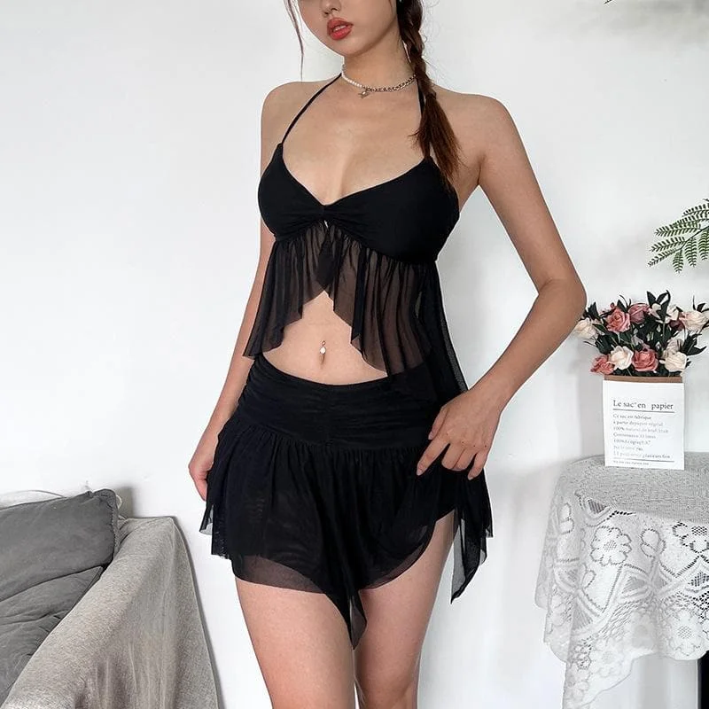 Halter ruffle mesh v neck ruched mini skirt set silk skirt lustrous