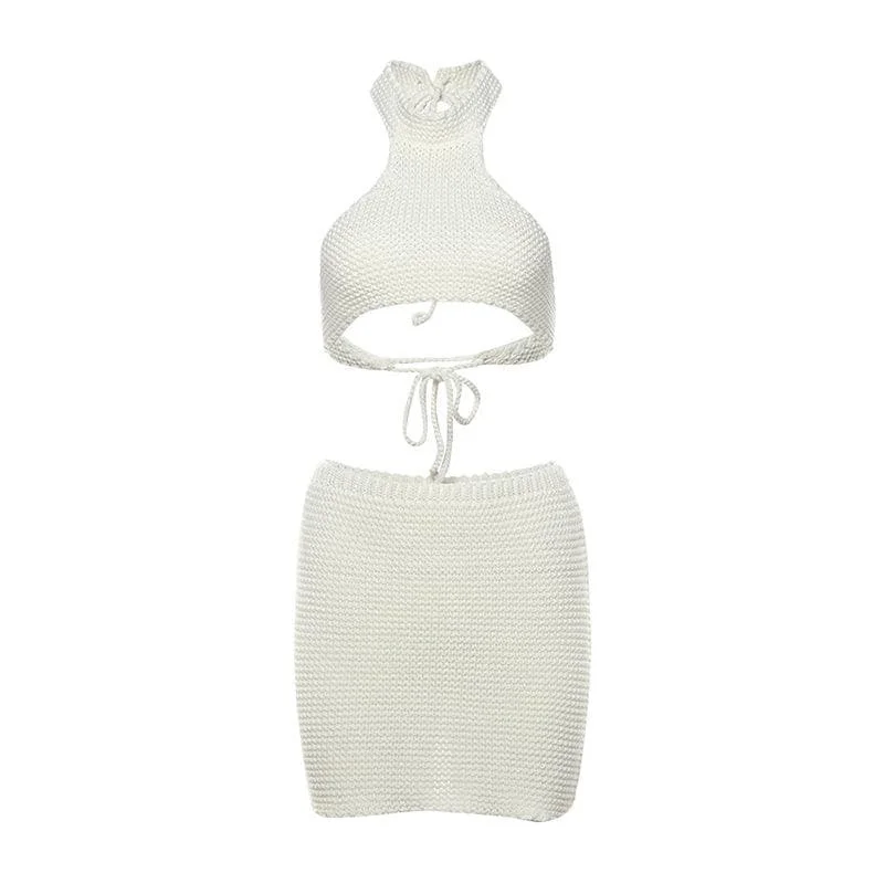 Halter self tie knitted backless mini skirt set linen skirt airy