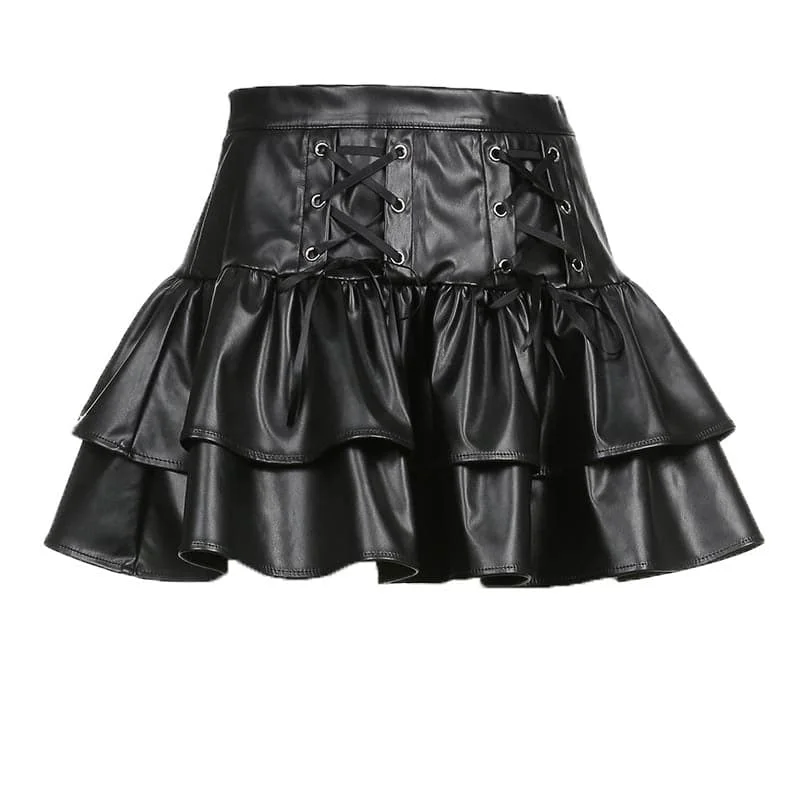 Lace up PU leather ruffle zip-up A line mini skirt leather skirt sleek