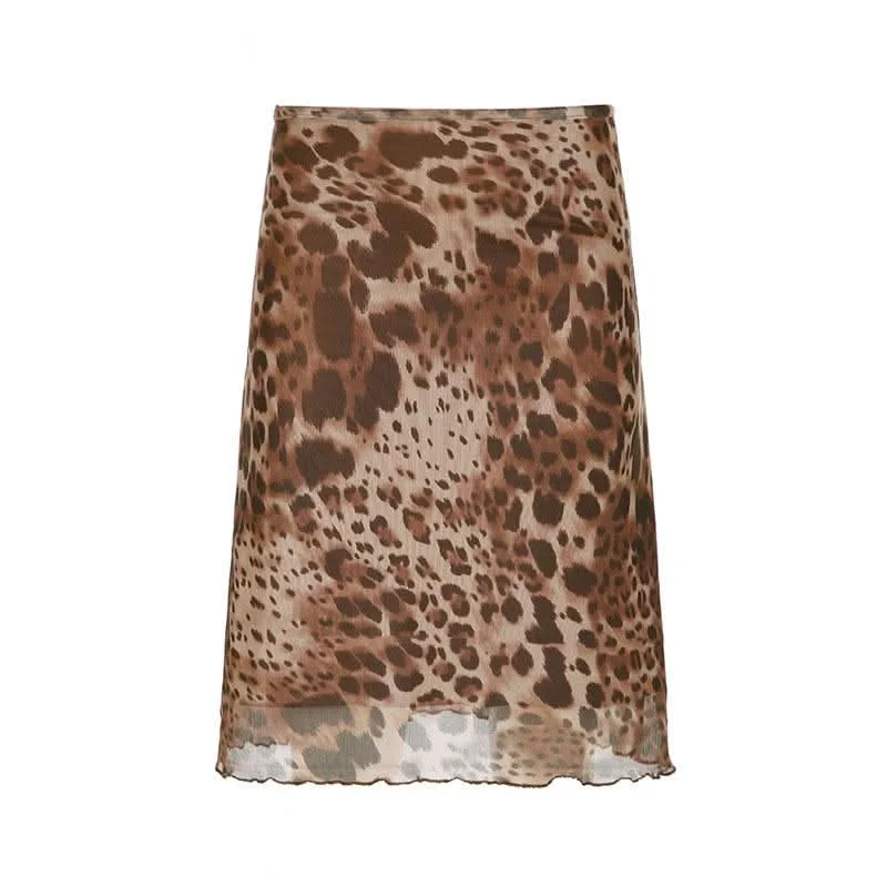 Leopard print mesh low rise midi skirt lace skirt romantic