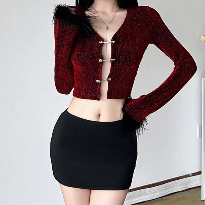 Long sleeve fluffy button zip-up crop mini skirt set breathable skirt fabric