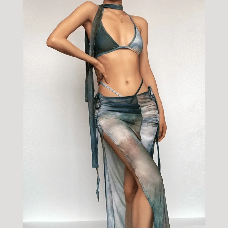 Mesh tie dye halter self tie backless ruched slit maxi skirt set zip skirt side