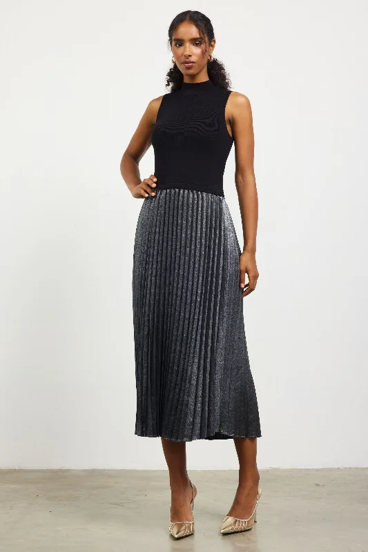 Mock Neck Pleat Skirt Dress Black linen skirt relaxed