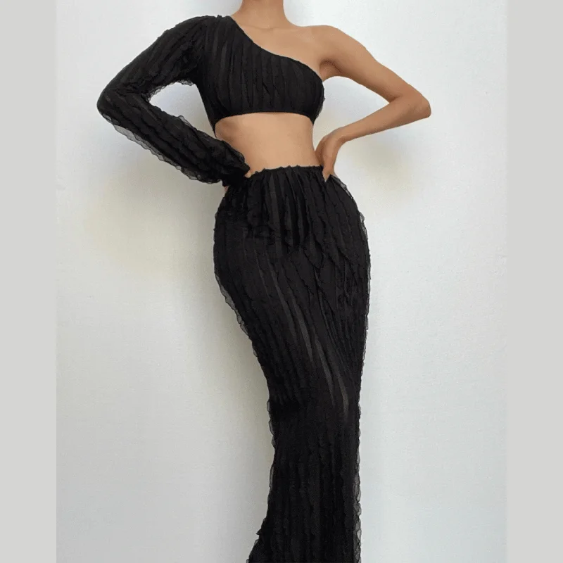 One shoulder long sleeve irregular ruffle textured maxi skirt set lace skirt romantic