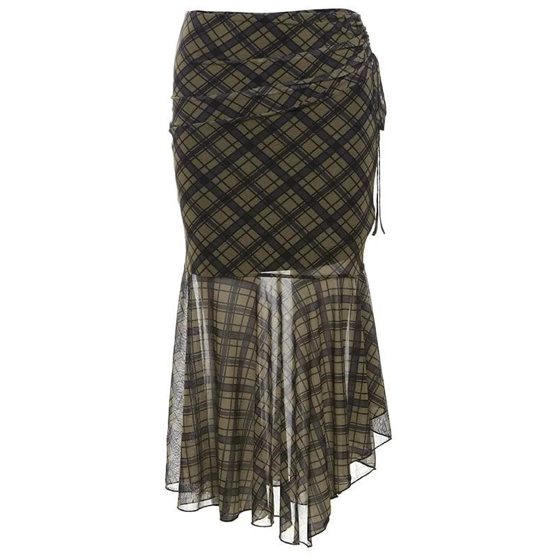 Plaid ruched drawstring mesh irregular midi skirt mini skirt trendy