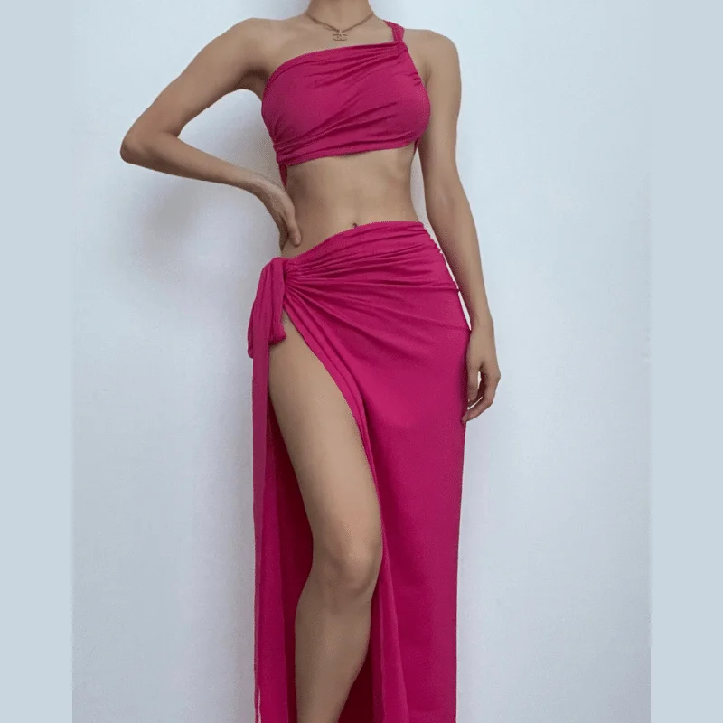 Ruched solid one shoulder irregular self tie maxi skirt set breathable skirt fabric