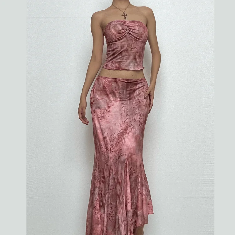 Ruched tie dye backless tube maxi skirt set corduroy skirt textured