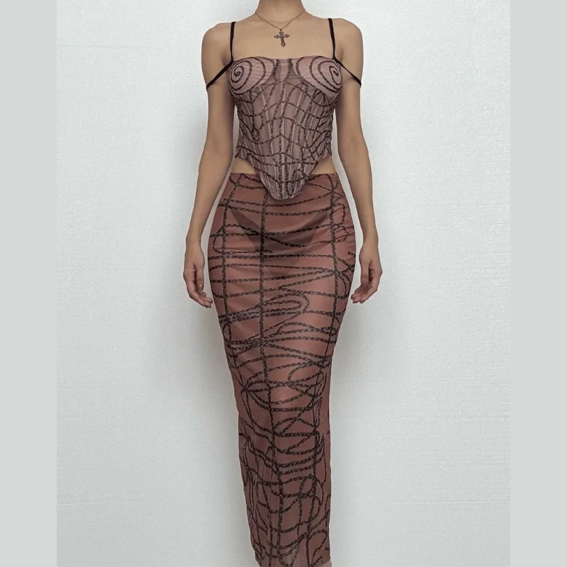 Sheer mesh striped print self tie cami midi skirt set low waist skirt