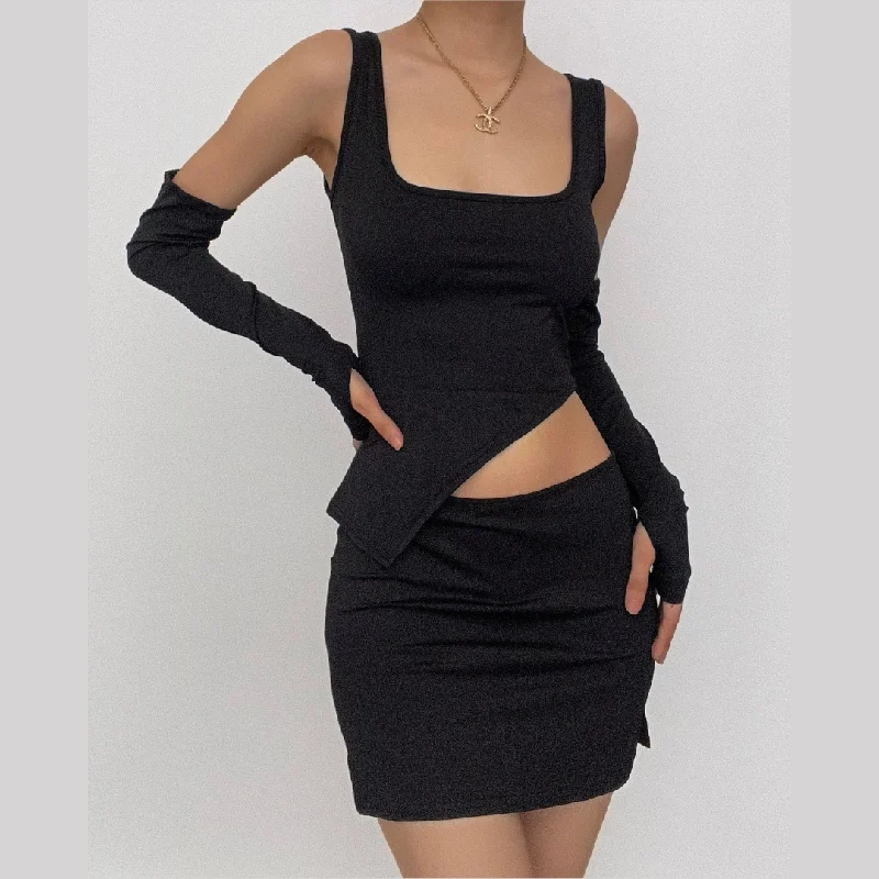 Sleeveless u neck solid irregular gloves crop top skirt set satin skirt smooth