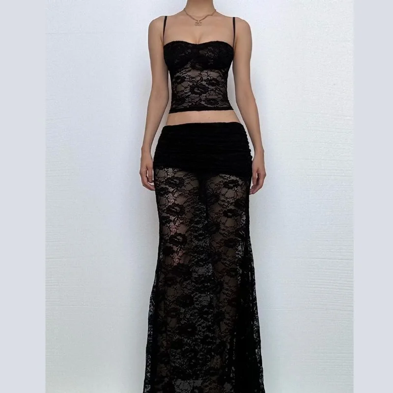 Sweetheart neck ruffle lace see through cami maxi skirt set velvet skirt plush