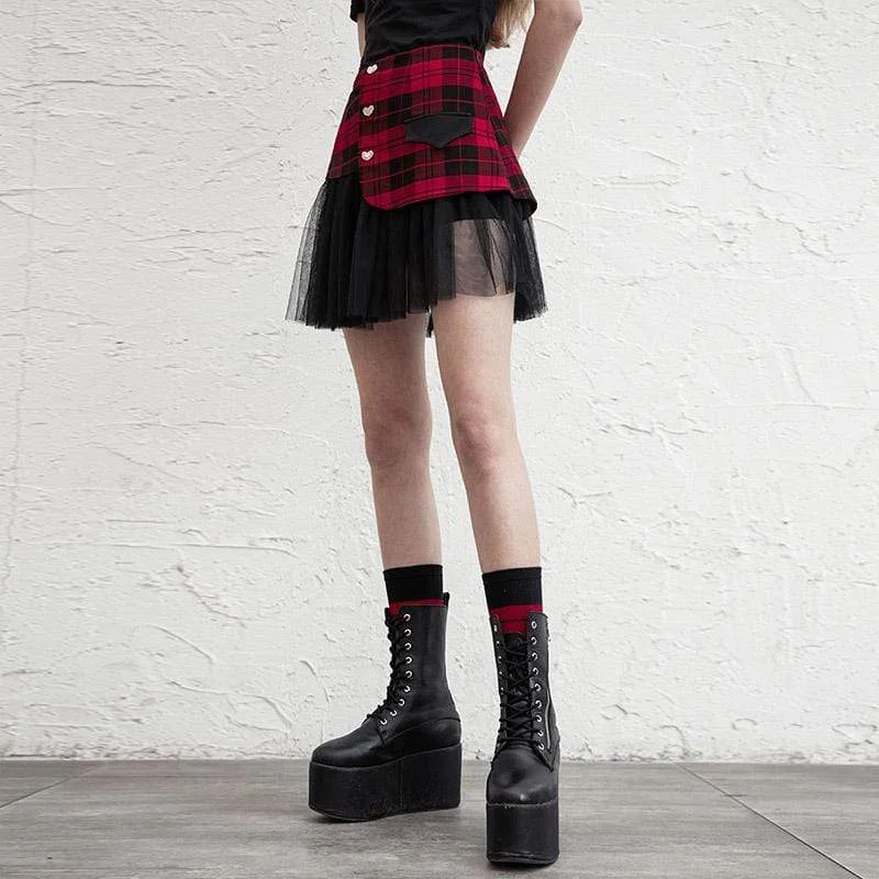 Women's Goth Mesh Irregular Plaid A-line Skirts silk skirt sleek