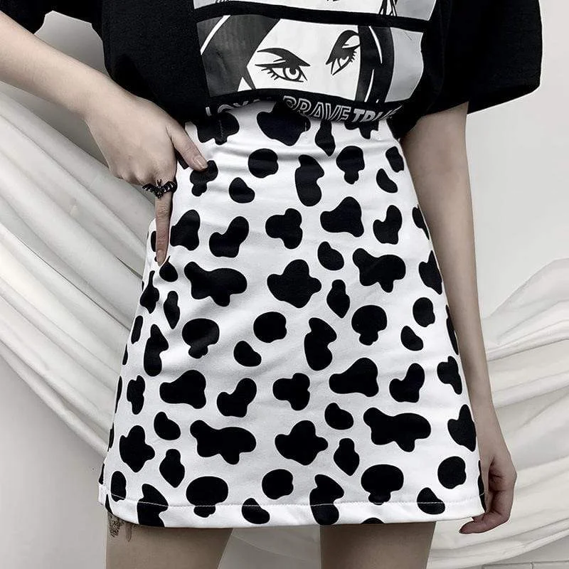 Women's Grunge Cow Printed High-waisted Skirts chiffon skirt flowing