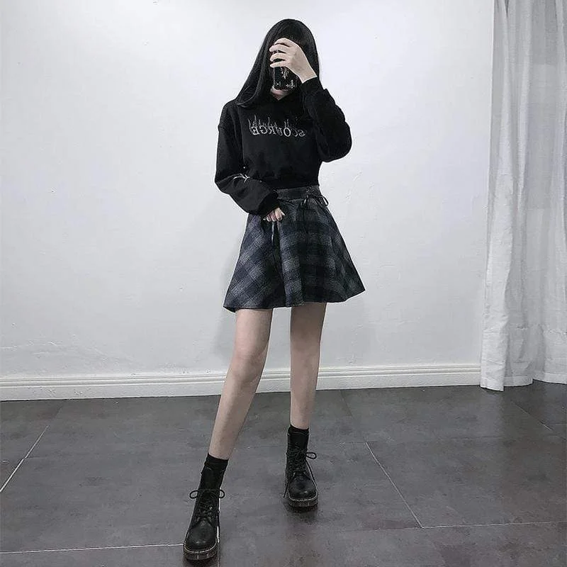 Women's High-waisted Lace-up Plaid Skirts button skirt front