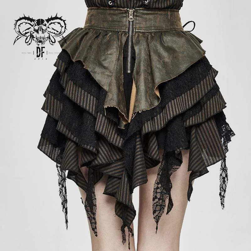 Women's Vintage Lace-up Sashes Ruffles Layered Skirts denim skirt classic